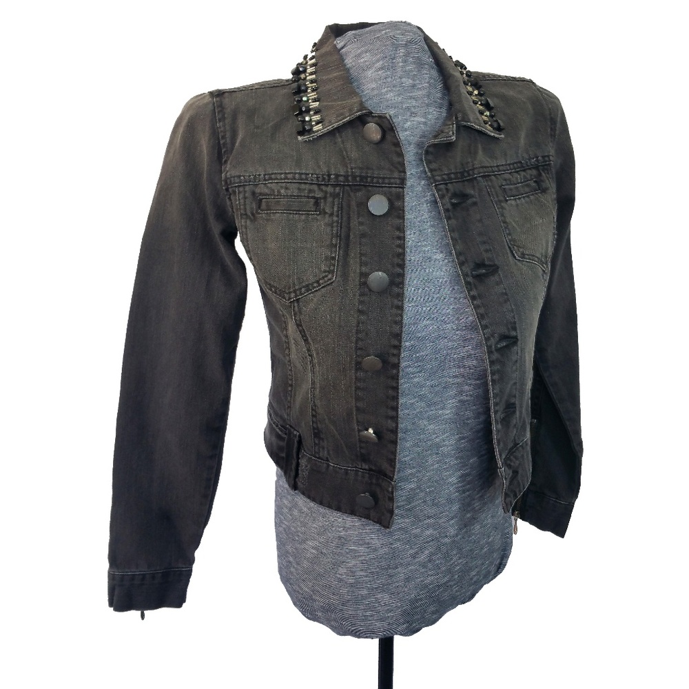 CAbi Denim Jean Jacket Dark Gray Beaded Collar XS